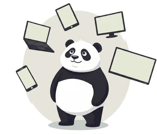 Panda VPN — панда и пять устройств с приложением: телефон, планшет, ноутбук, монитор и телевизор